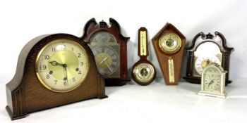 A late Victorian oak cased aneroid barometer/ thermometer, 81cm high; together with small group of
