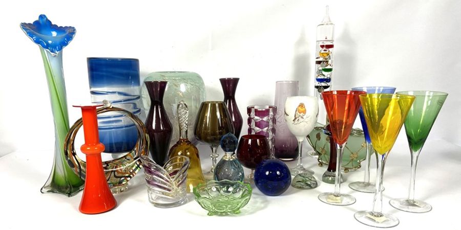 Assortment of coloured glass, including a large smoky glass goblet, four wine goblets, a barometer