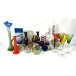 Assortment of coloured glass, including a large smoky glass goblet, four wine goblets, a barometer