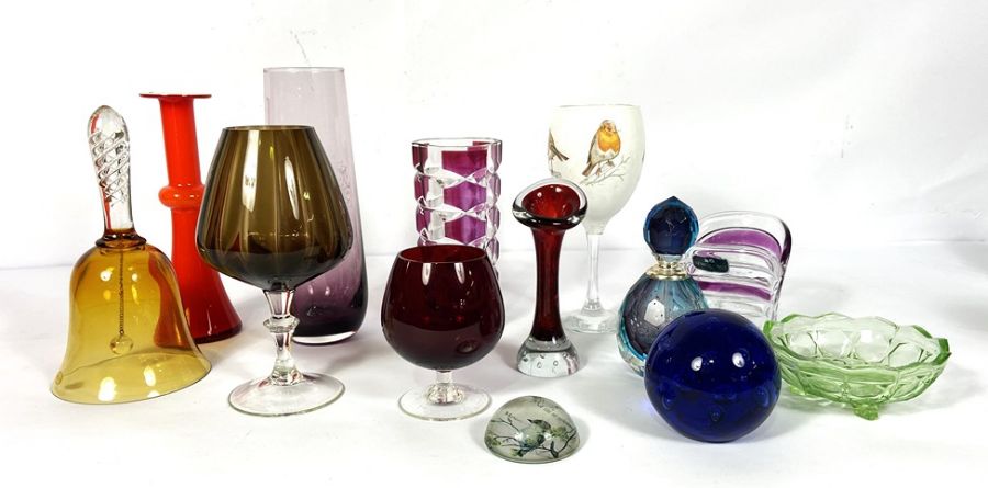Assortment of coloured glass, including a large smoky glass goblet, four wine goblets, a barometer - Image 4 of 8