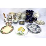 Assortment of ceramics, including a blue jardiniere, a ginger jar, commemorative bell etc. (a lot)
