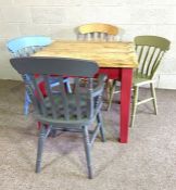 A small pine kitchen table and four beechwood kitchen chairs, three painted in various colours (5)