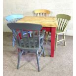 A small pine kitchen table and four beechwood kitchen chairs, three painted in various colours (5)