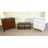 A vintage painted chest of three drawers; another chest of drawers; and a coffee table, with two