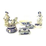 Three boxes of assorted ceramics, including figurines, assorted blue and white table china, Imari