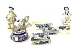 Three boxes of assorted ceramics, including figurines, assorted blue and white table china, Imari