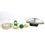 Assorted decorative glass, including a green glass dump and a modern triform grey glass dish, a