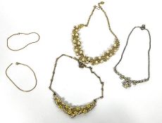 A small 9 carat gold fine curb chain, (2 sections), 2.5g; together with three costume jewellery