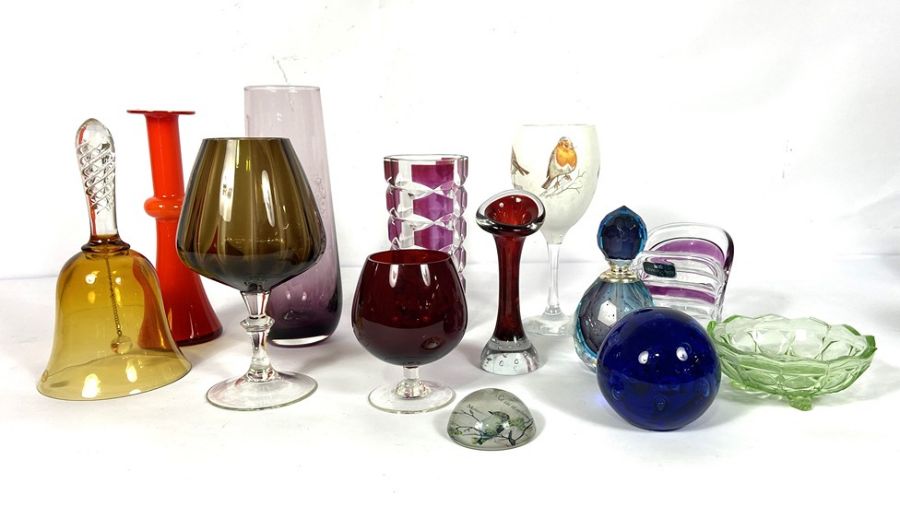 Assortment of coloured glass, including a large smoky glass goblet, four wine goblets, a barometer - Image 5 of 8