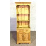 A small narrow format pine Welsh style dresser, with panelled rack; together with a bentwood hall