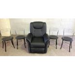 A modern black leather electric recliner armchair, with control; together with four Italian chrome