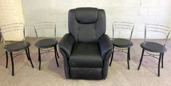 A modern black leather electric recliner armchair, with control; together with four Italian chrome
