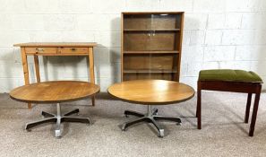 A two drawer pine side table; together with a pair of modern coffee tables, each with a chromed base