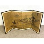 A vintage Japanese painted four fold screen, decorated with a mountainous scene, each fold 92cm