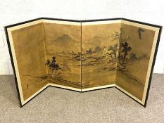 A vintage Japanese painted four fold screen, decorated with a mountainous scene, each fold 92cm