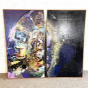 Contemporary, circa 2000, A Diptych, Abstract Forms, on purple, acrylic; and another similar,