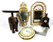 A small vintage modern elephant table; with assorted mirrors and a wicker picture frame (a lot)