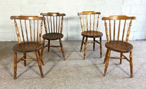 A set of four vintage ash framed kitchen chairs, with stick backs and turned legs; together with two