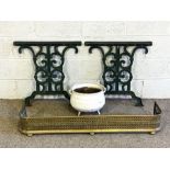 A pair of vintage table piers, with scroll supports; also a brass fire curb and a painted iron