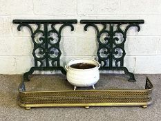 A pair of vintage table piers, with scroll supports; also a brass fire curb and a painted iron