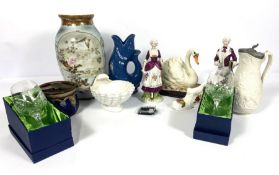 A group of assorted ceramics and decorative items, including a ‘Plymouth Gin’ water jug in the
