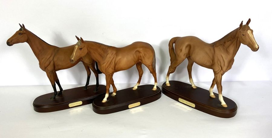 Three Royal Doulton models of famous racehorses, including Red Rum, DA20, The Minstrel and Grundy,
