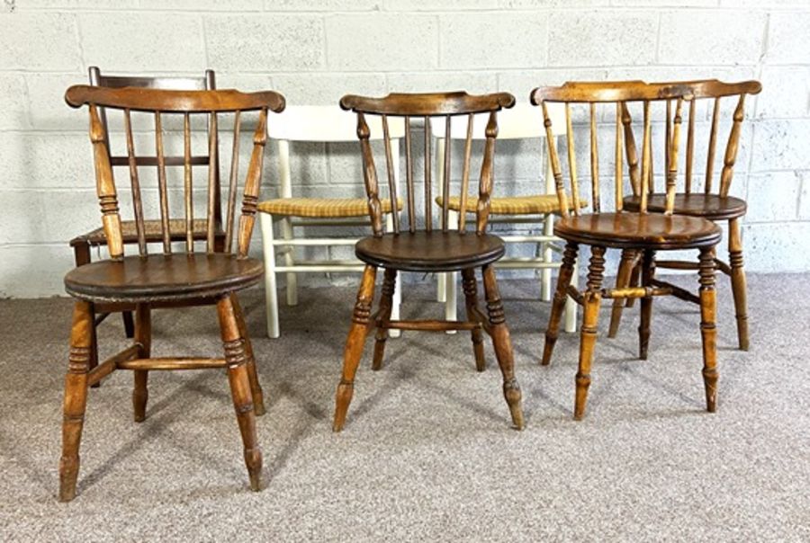 A set of four vintage ash framed kitchen chairs, with stick backs and turned legs; together with two - Image 3 of 7