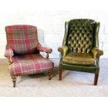 A Victorian oak framed easy chair, with tartan upholstered back and seat and turn legs with