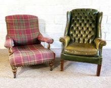 A Victorian oak framed easy chair, with tartan upholstered back and seat and turn legs with