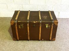 A vintage overseas travel trunk, with wood bindings, 90cm wide.