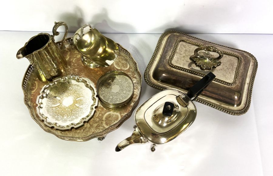 A small group of miscellaneous items, including a collection of silver plate, with a tea pot, jug - Image 5 of 7