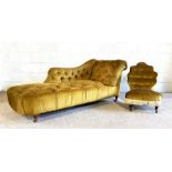 A Victorian button upholstered chaise longue, late 19th century, currently upholstered in green gold