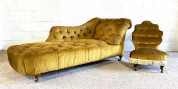 A Victorian button upholstered chaise longue, late 19th century, currently upholstered in green gold