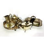 A small group of miscellaneous items, including a collection of silver plate, with a tea pot, jug