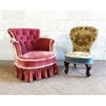 A Victorian tapestry covered nursing chair, with ceramic castors; together with a small pink