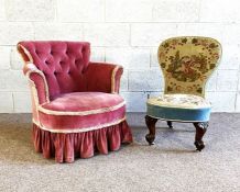 A Victorian tapestry covered nursing chair, with ceramic castors; together with a small pink