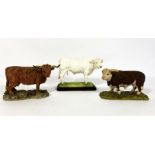 Three painted resin figures of a Highland cow, a Charolais bull and Hereford Bull, Arista Designs of