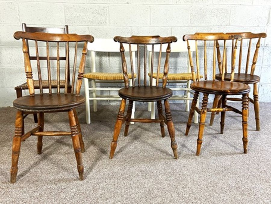 A set of four vintage ash framed kitchen chairs, with stick backs and turned legs; together with two - Image 2 of 7