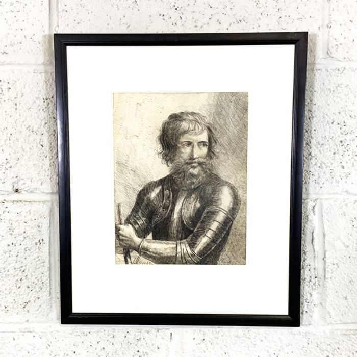 Continental School, 18th century, Portrait of a Bearded Man in Armour, pen & ink, monogram and - Image 2 of 4