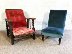 A Victorian nursing chair, with a padded back and seat, on squat turned feet, currently