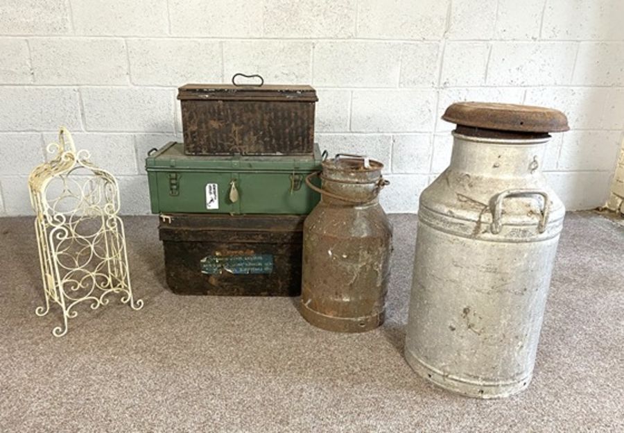 Miscellaneous items, including a galvanized milk churn, another smaller; a wrought iron wine rack;