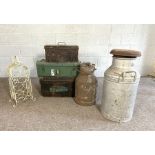 Miscellaneous items, including a galvanized milk churn, another smaller; a wrought iron wine rack;