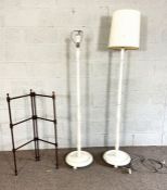 A group of assorted hanging light fittings, two white painted standard lamps, a towel rail and