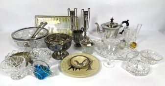 Assorted silver plate and glassware, including a pair of spill vases; a rose bowl and fruit bowl and