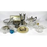 Assorted silver plate and glassware, including a pair of spill vases; a rose bowl and fruit bowl and