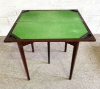 A George III style folding card table, 20th century, with rectangular top, baize lined, on gate