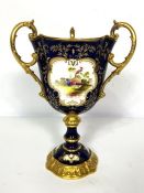 A Victorian Coalport table centre vase, in form of a goblet, mid 19th century, with Royal blue
