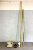 Two large brass effect curtain poles, 290cm long, including hangers; also includes lamps & shades