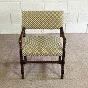 A vintage bobbin turned and upholstered side chair; together with a green button upholstered