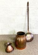 A group of items including a Victorian copper bed warmer; a copper cider jug and a large copper